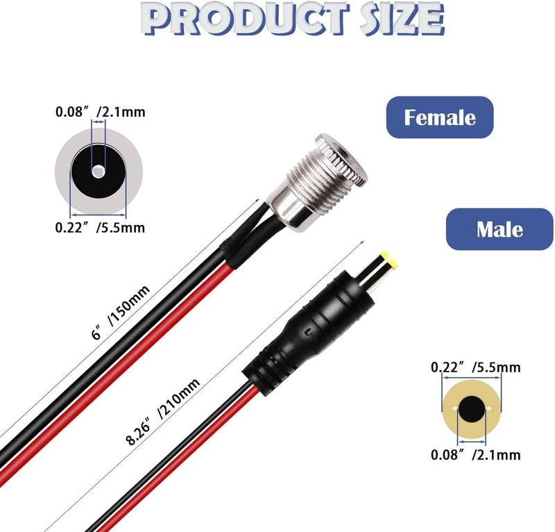 Tugermoola 6 Sets 5.5 x 2.1mm DC Power Jack Threaded Female Panel Mount Barrel Connector Adapter Kit with Cover Cap - Image 2